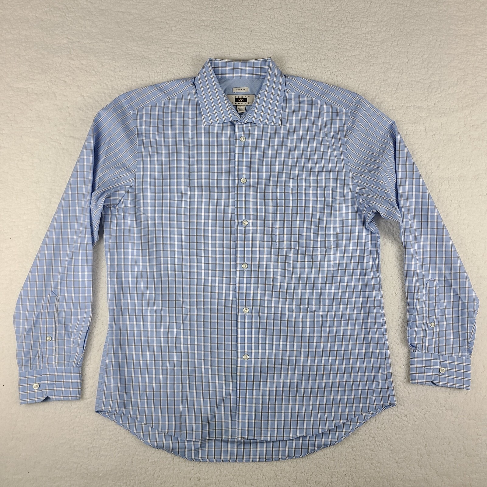 Joseph Abboud Dress Shirt Mens Xl Blue Brown Check Non Iron Cotton Button Up